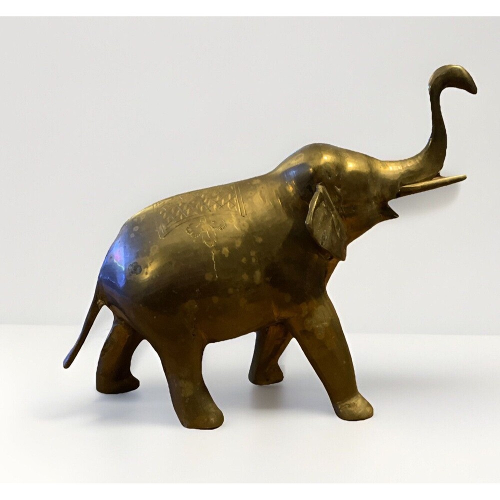 Brass Walking Elephant Figurine With Trunk Up For Good Luck 7" Tall